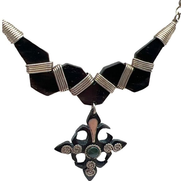 Handcrafted Ethnic Necklace With Black Stone & Acrylic Pendant.   B84 - Picture 2 of 8
